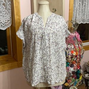 J Crew floral white and purple ruffled short sleeve top